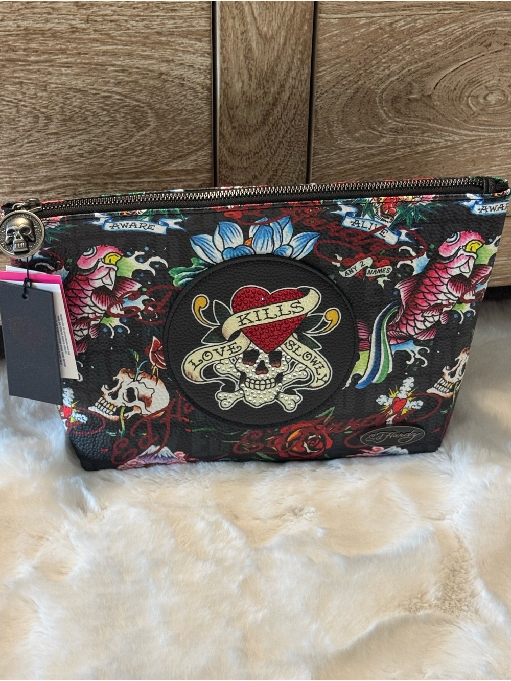 Ed Hardy Black Tattoo Floral Zip Cosmetic Pouch with Red Heart Skull Patch